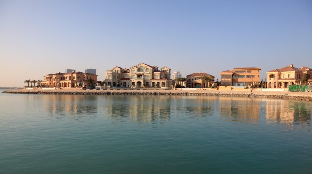 Waterside buildings at The Pearl in Doha, Qatar, Middle East